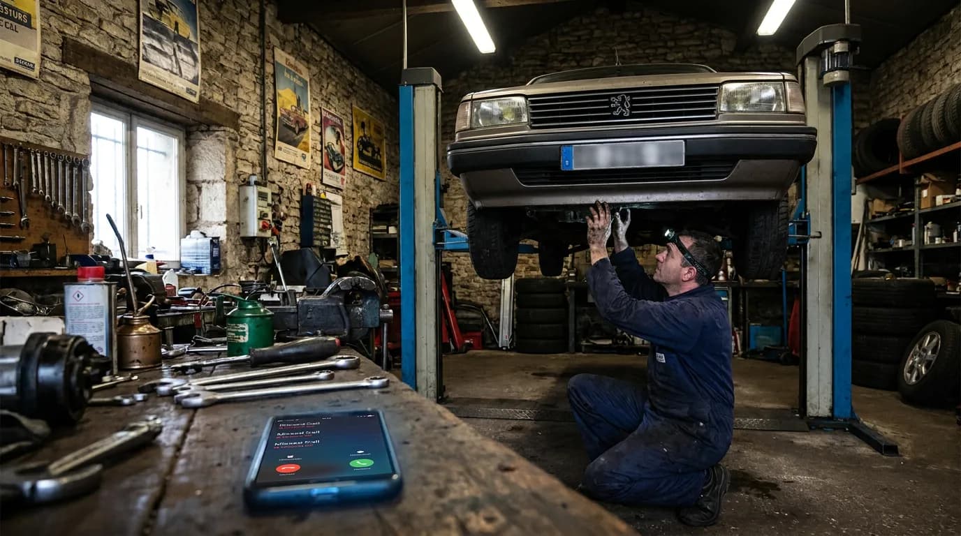 Un mécanicien travaille sous une voiture sur pont pendant que son téléphone affiche des appels manqués sur l'établi